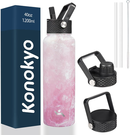 Skiennix 40oz Insulated Stainless Steel Water Bottle - Marble Blossom | 3 Lids Included