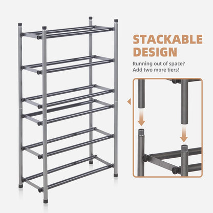 Storage Maniac Expandable Shoe Rack - Adjustable 4-Tier Organizer for 16 Pairs | Black Metal Design