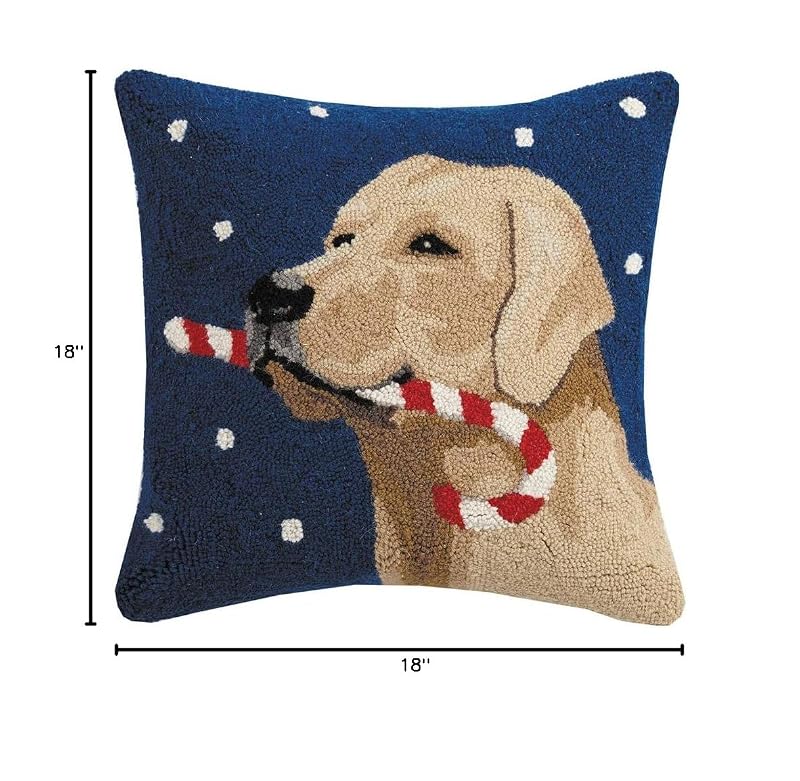 Throw Pillow 18x18 - Yellow Labrador Retriever Christmas Candy Cane Wool Hooked