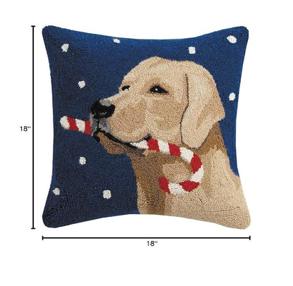 Throw Pillow 18x18 - Yellow Labrador Retriever Christmas Candy Cane Wool Hooked