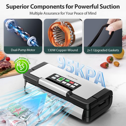 AquaLock Vacuum Sealer Machine - Fully Automatic Food Sealer with Built-In Cutter & 2 Bag Rolls | 130W, Stainless Steel