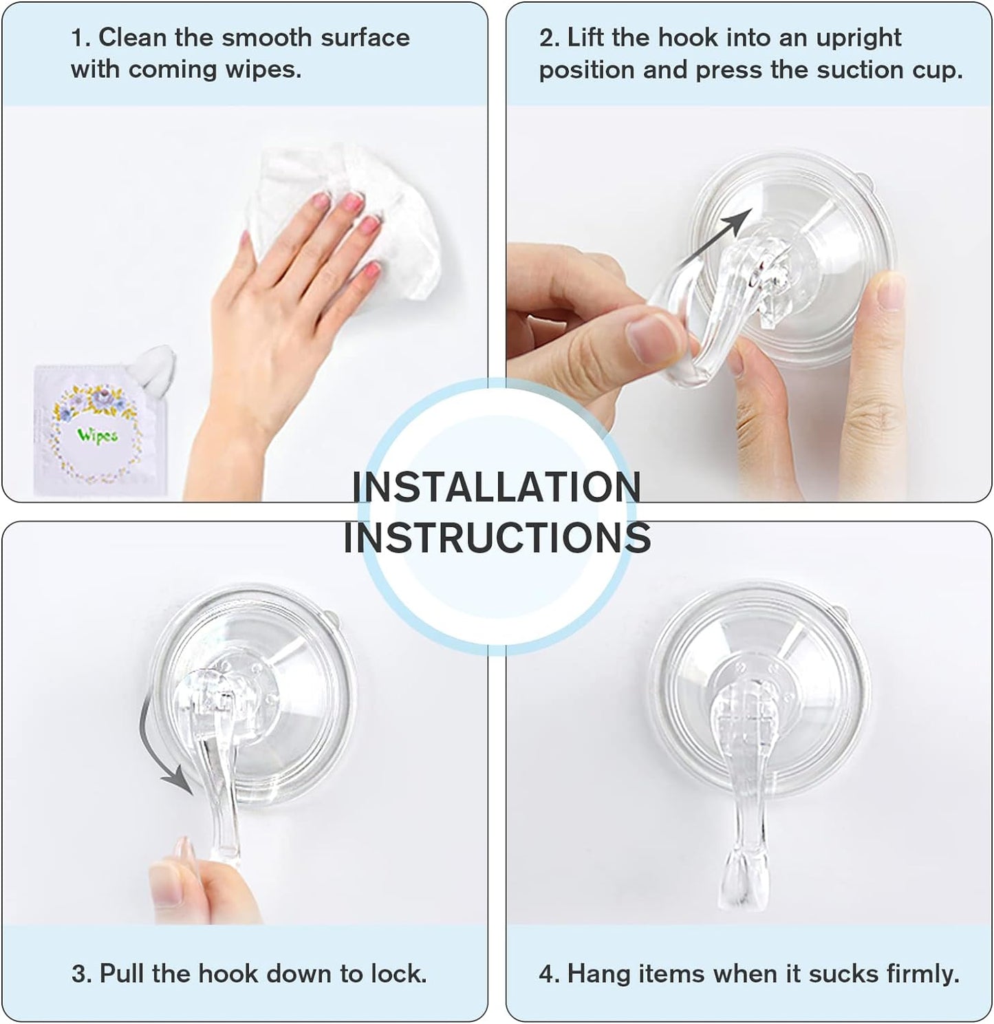 VIS'V Suction Cup Hooks - Heavy Duty Removable Shower Hooks | Clear, 2 Pcs with Wipes
