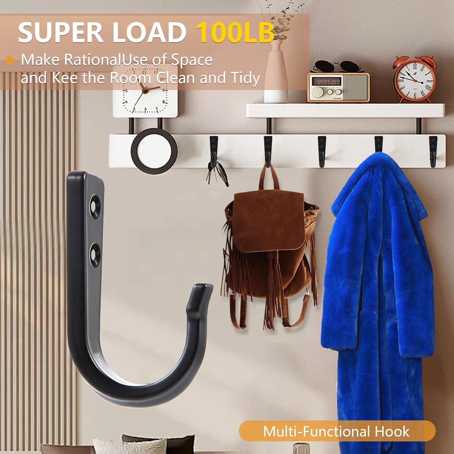 WODEGIFT Heavy Duty Wall Hooks - 5 Large Size Coat Hooks for Pans, Backpacks & Garage Items | Black