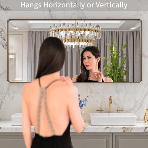 LOAAO Bronze Bathroom Mirror - 60”x28” Rounded Rectangle with Anti-Rust Brushed Metal Frame | Versatile Hanging Options