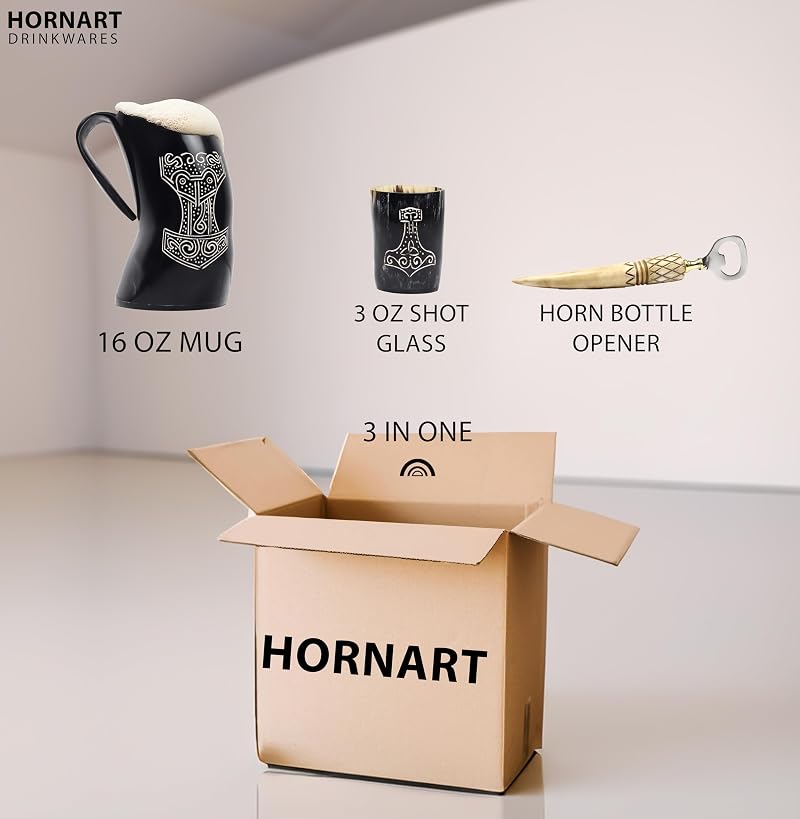 Thor Variation: Handcrafted Ox Horn Mugs 3-Piece Set with Shot Glass & Opener