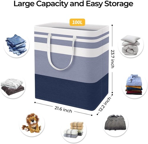 HomeHacks Large Waterproof Laundry Basket - Collapsible Tall Hamper with Extended Handles | 100L, Blue
