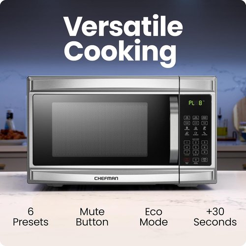 Chefman Microwave Oven - 1.3 Cu. Ft. Digital Stainless Steel | 1000 Watts, 6 Auto Menus, Eco Mode