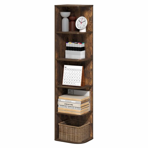 Furinno PASIR Book Shelf, 5-Tier Corner Bookshelf with Open Shelf, Standing Bookcase, 9.3 x 12 x 51.7, for Organization and Storage, for Living Room, Bedroom, Home Office, Amber Pine