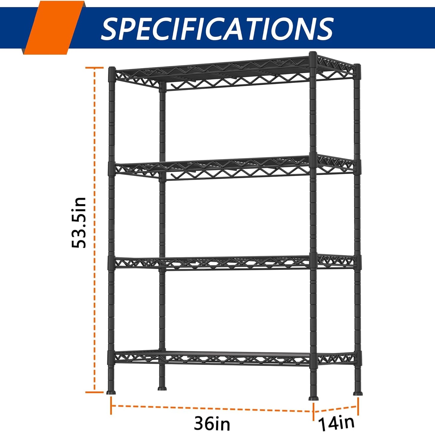 Regine Switzerland Heavy Duty Storage Shelving Unit - 4-Shelf Metal Organizer Rack for Laundry, Kitchen & Closet | Black