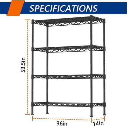 Regine Switzerland Heavy Duty Storage Shelving Unit - 4-Shelf Metal Organizer Rack for Laundry, Kitchen & Closet | Black