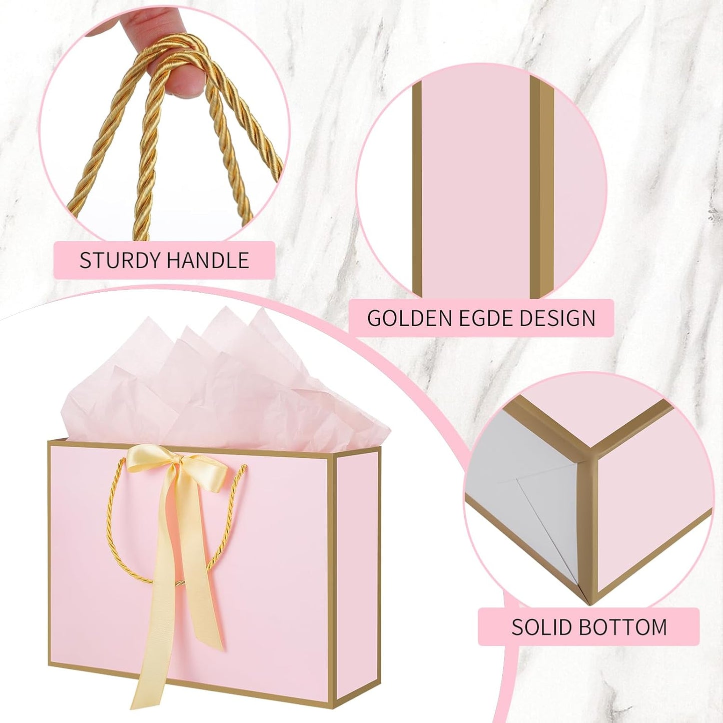 woric Pink Gift Bags with Handles, 14" Medium Gift Bags with Tissue Paper, 2 Pcs Pink Bags with 4 Tissue Paper and 2 Cards for Baby Shower Wedding Bridal Shower Mother's Day Birthday Party