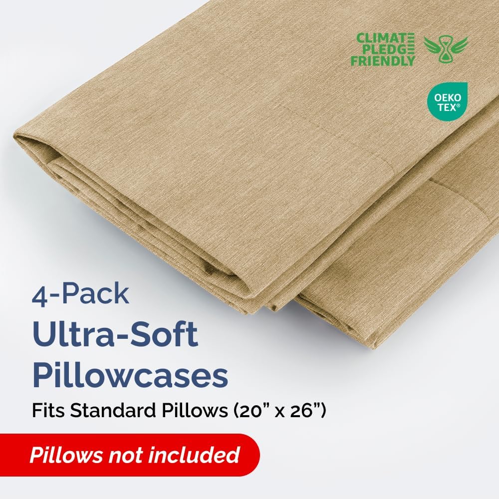 Standard Pillow Cases Set of 4 | Ultra Soft Hotel Quality Covers - Comfy & Machine Washable - Heathered Tan