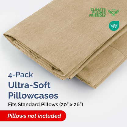 Standard Pillow Cases Set of 4 | Ultra Soft Hotel Quality Covers - Comfy & Machine Washable - Heathered Tan