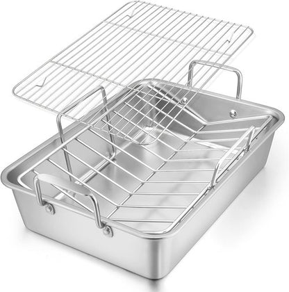 E-far Roasting Pan - 16 x 11.5 Inch Stainless Steel Turkey Roaster with V-Shaped Rack | Heavy-Duty & Dishwasher Safe