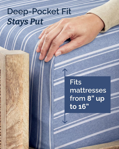 Skiennix Twin Size Sheet Set - Comfy Cooling Bed Sheets with Deep Pockets - Luxury Oeko-Tex Blue Stripes