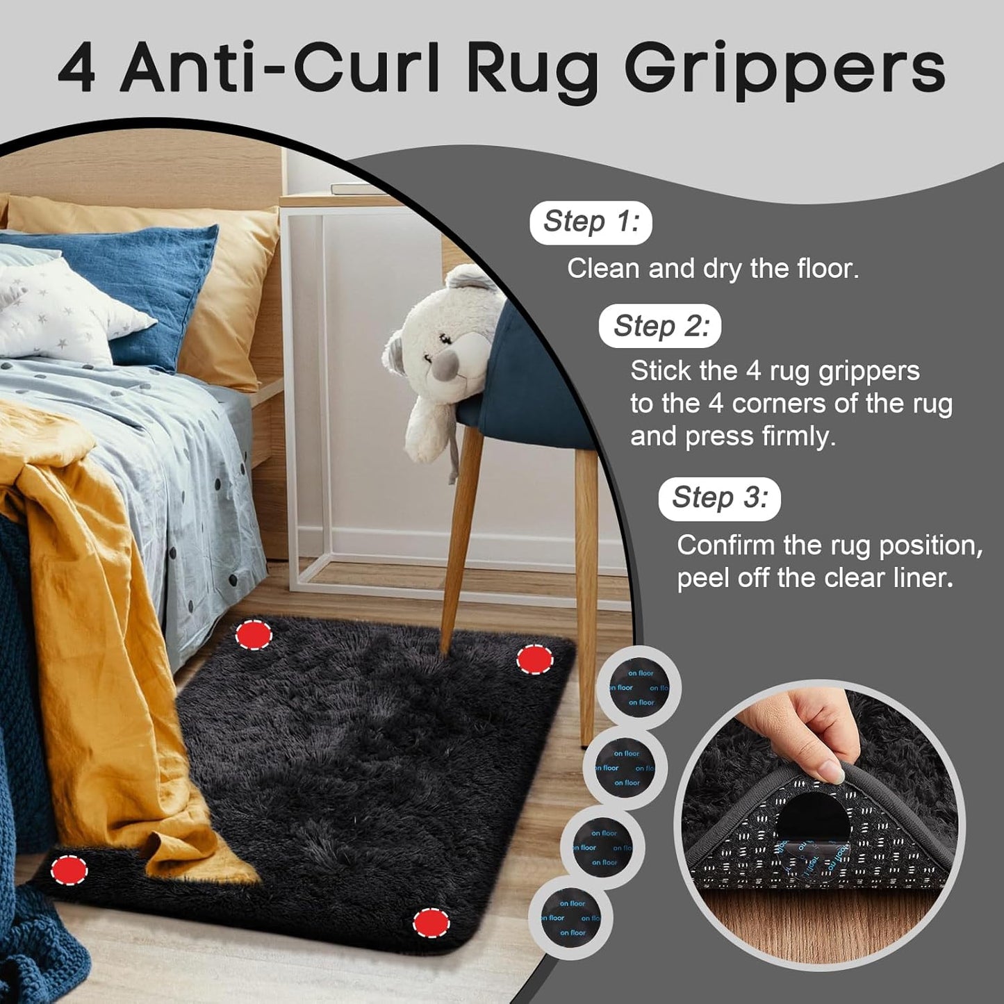 Ophanie Small Black Entryway Throw Rug - Non-Slip Fluffy Carpet for Bedroom | 2x3 Mini Area Rug