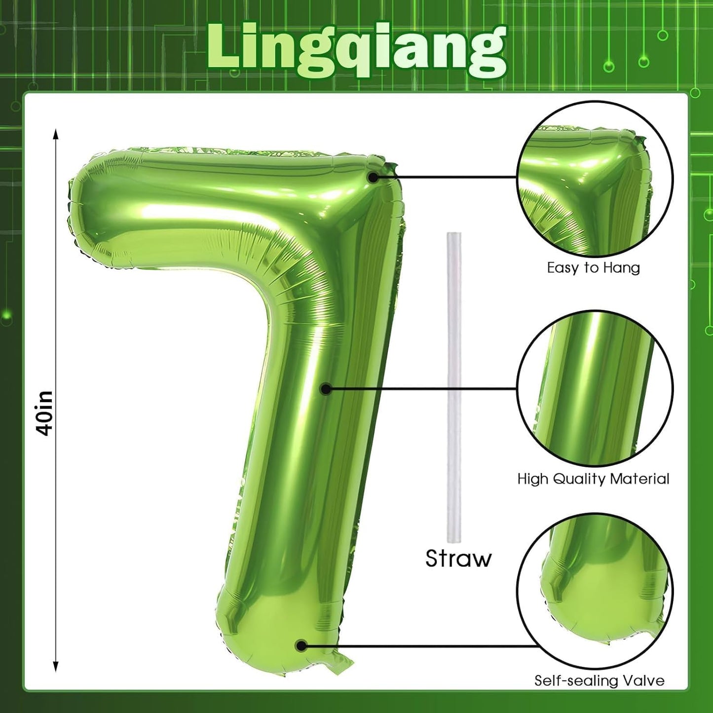 Skiennix Giant Number 7 Balloon - Self-Inflating Foil Helium Decoration for 7th Birthday Party | Green