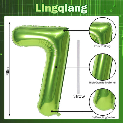 Skiennix Giant Number 7 Balloon - Self-Inflating Foil Helium Decoration for 7th Birthday Party | Green