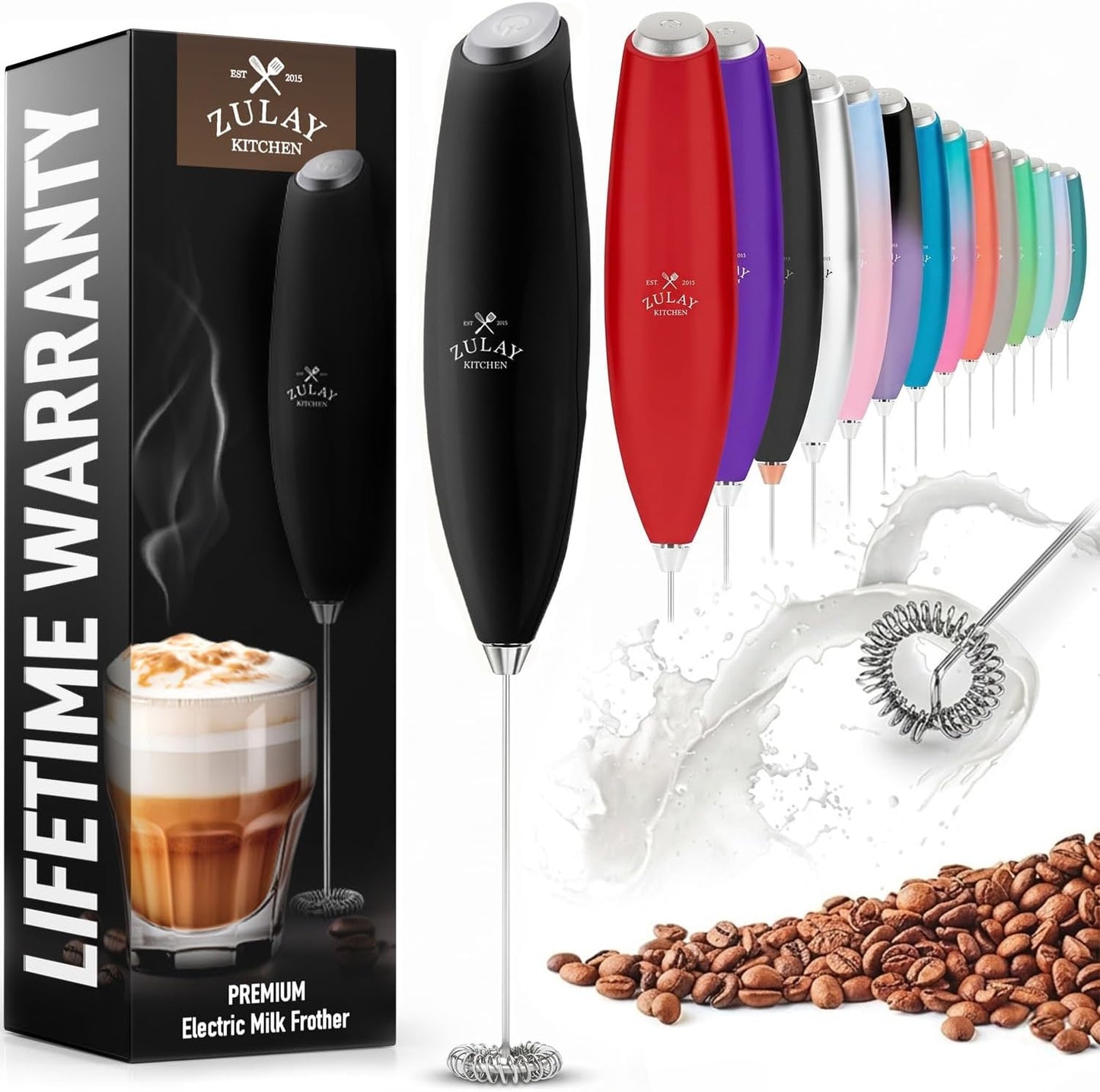 Zulay Kitchen Milk Frother - Handheld Electric Whisk for Lattes, Matcha & More - Durable Stainless Steel - Black
