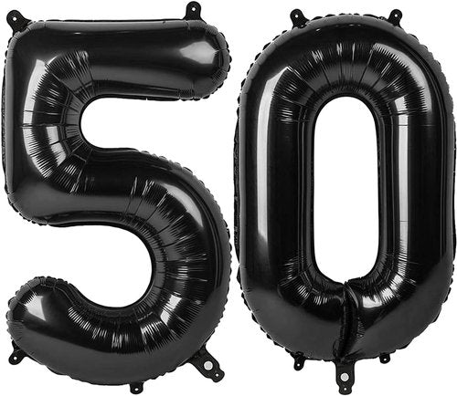 50 Number Balloons - Foil 40 Inch Black 50th Birthday Decoration for Men & Women