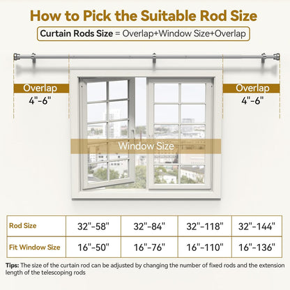 YaFex Curtain Rods - Heavy Duty 1 Inch Adjustable Window Treatment Rods | 32-144 Inch, Modern Silver Design