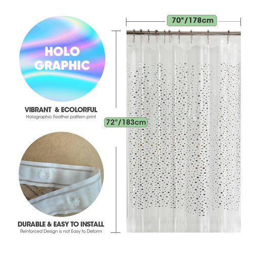 TRIMENGO PEVA Holographic Shower Curtain Liner with Glitter Gem Pattern, 70x72in Lightweight Clear Plastic Shower Curtain Liner for Shower Stall, Bathtubs