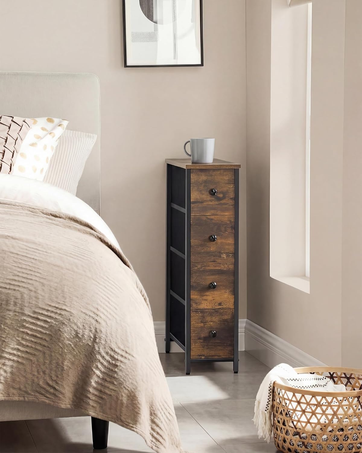 SONGMICS Dresser - Narrow Chest of Drawers for Bedroom Storage | 4-Drawer Steel Organizer in Rustic Brown & Ink Black