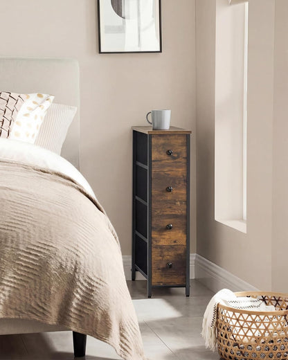SONGMICS Dresser - Narrow Chest of Drawers for Bedroom Storage | 4-Drawer Steel Organizer in Rustic Brown & Ink Black