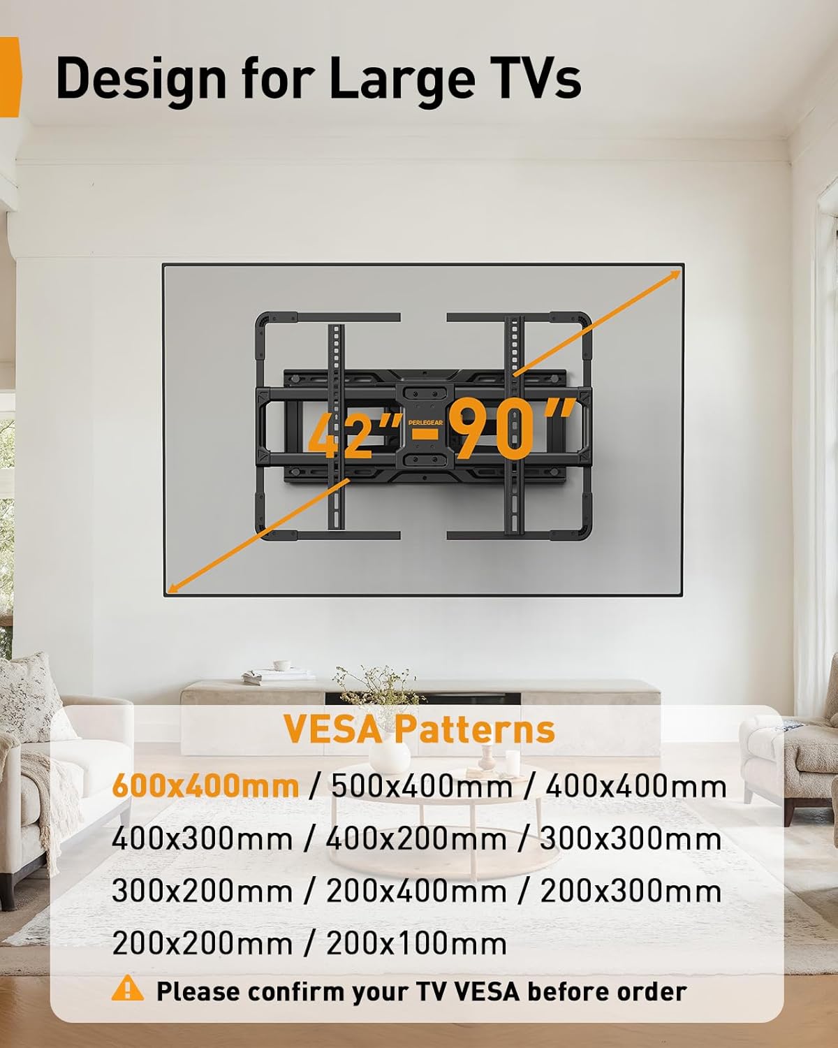 Perlegear AuraFrame™ Full Motion TV Wall Mount - LED Light & Music Sync for 42″–90″ TVs Up to 150 lbs | Max VESA 600 x 400mm