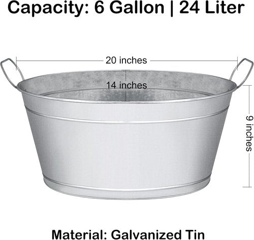 Large 6-Gallon Galvanized Tin Beverage Tub, 20x14x10 inches (Pack of 2)