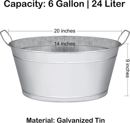 Large 6-Gallon Galvanized Tin Beverage Tub, 20x14x10 inches (Pack of 2)