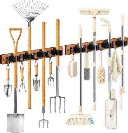 Lorbro Broom Holder Wall Mount - 2 Pack Wooden Mop Organizer with 4 Slots & Hooks | Ideal for Laundry Room, Garage, Kitchen
