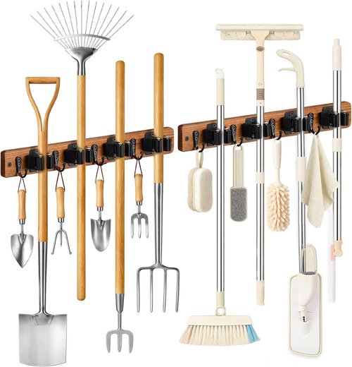 Lorbro Broom Holder Wall Mount - 2 Pack Wooden Mop Organizer with 4 Slots & Hooks | Ideal for Laundry Room, Garage, Kitchen