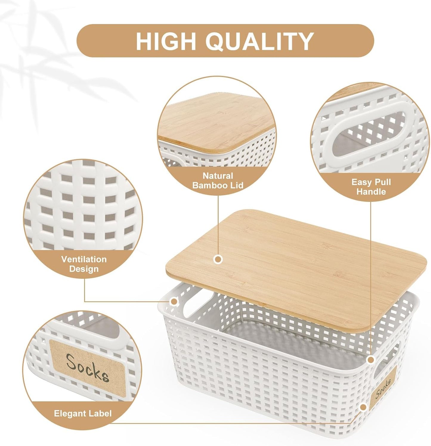 Skiennix Storage Bins - Stackable Plastic Baskets with Bamboo Lids | 6-Pack Pantry Organizer, 10x7.1x4.1in