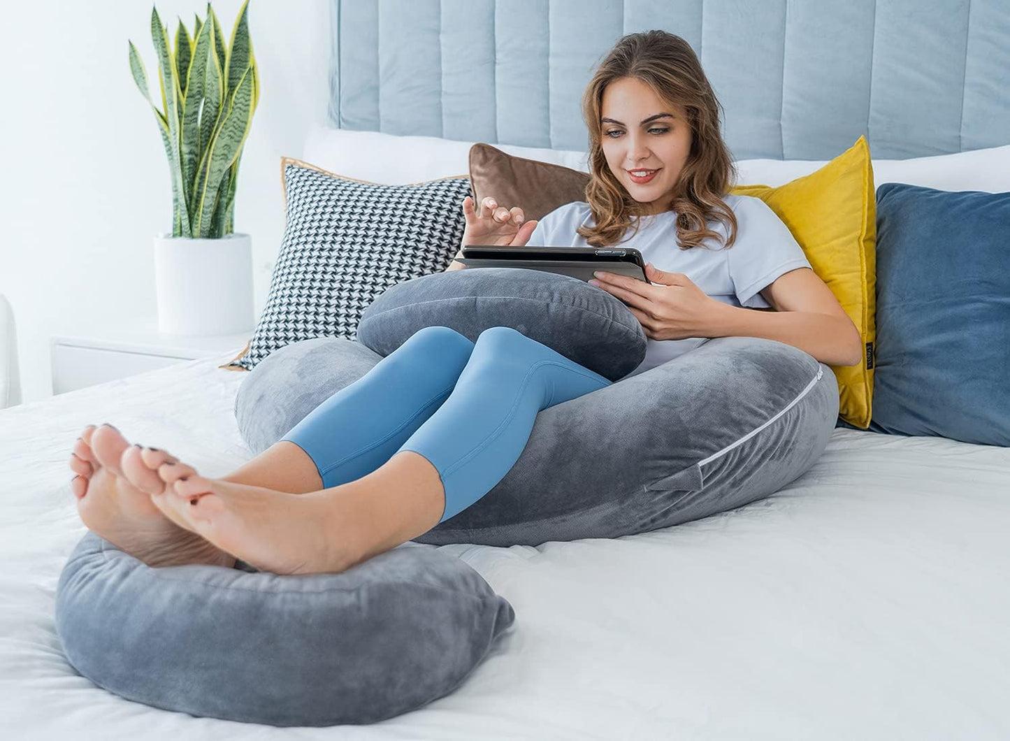Queen Rose Pregnancy Pillow - E-Shaped Body Pillow for Side Sleepers | Detachable Grey Velvet, 60in