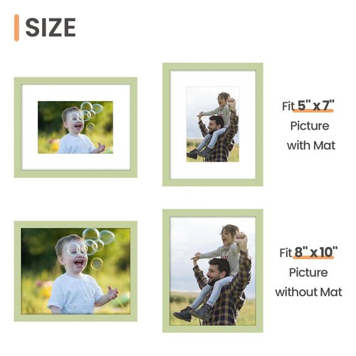 upsimples 8x10 Picture Frame, Display Pictures 5x7 with Mat or 8 x 10 Without, Wall Hanging Photo Frames, Green, 1 Pack