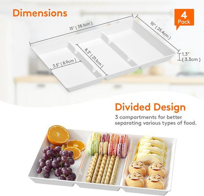 Lifewit Serving Tray Set - 4 Divided Plastic Platters for Food | 15" x 10" White Reusable Trays for Snacks & Desserts