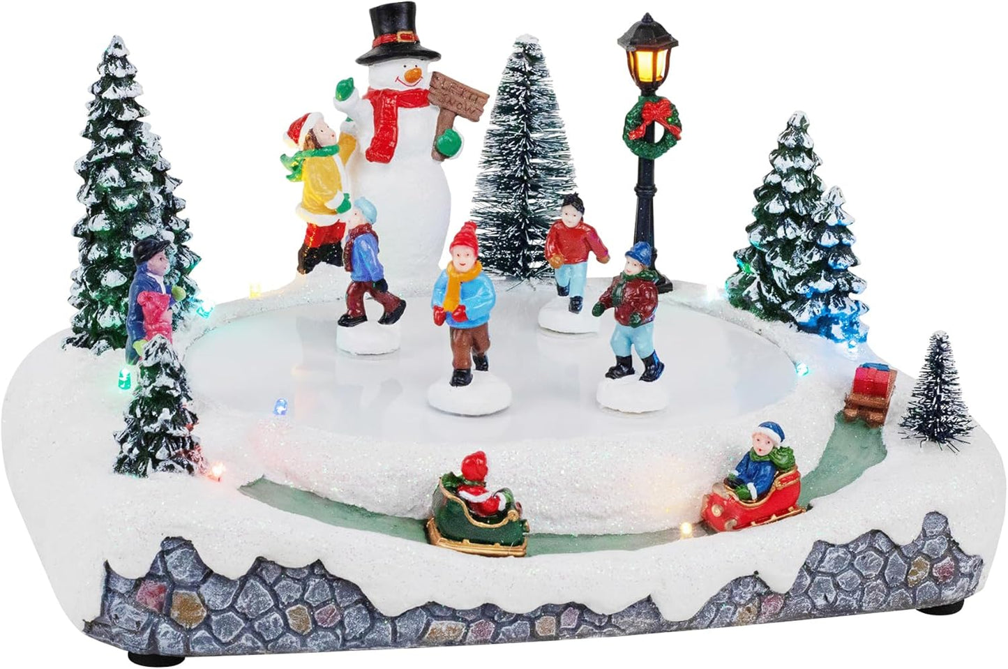 Animated Christmas Village Skating Pond - Lighted Musical Snow Scene with 4 Moving Skaters