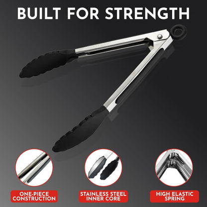 Skiennix Kitchen Tongs Set - Heat Resistant Silicone Tips | 3 Sizes: 7-Inch, 9-Inch, 12-Inch, Black