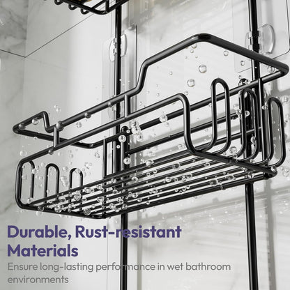 SWTYMIKI Bathroom Shower Caddy - 3-Tier Rustproof Overhead Organizer with 16 Hooks & Soap Holder | Black