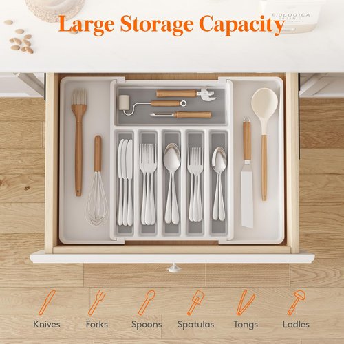 Lifewit Expandable Silverware Drawer Organizer - BPA-Free Utensil Tray for Kitchen | Adjustable Storage, 33-57 x 42cm, White & Gray