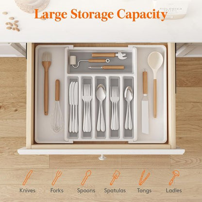 Lifewit Expandable Silverware Drawer Organizer - BPA-Free Utensil Tray for Kitchen | Adjustable Storage, 33-57 x 42cm, White & Gray
