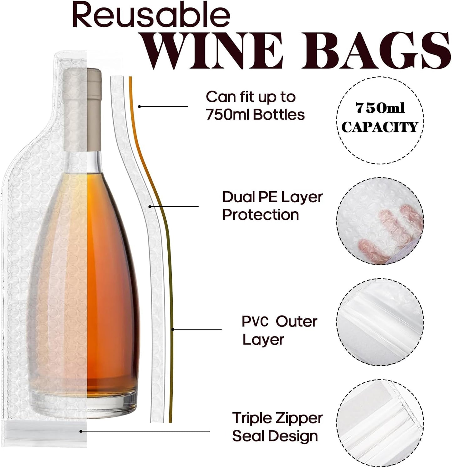 Yesland 6 Pack Reusable Wine Protector Travel Bag, Plastic Wine Bags Sleeve for Travel Leak-Proof Sturdy Triple Protection Wine Shipping Bag for Airplane Car Cruise - 16.25 x 7.5 Inch