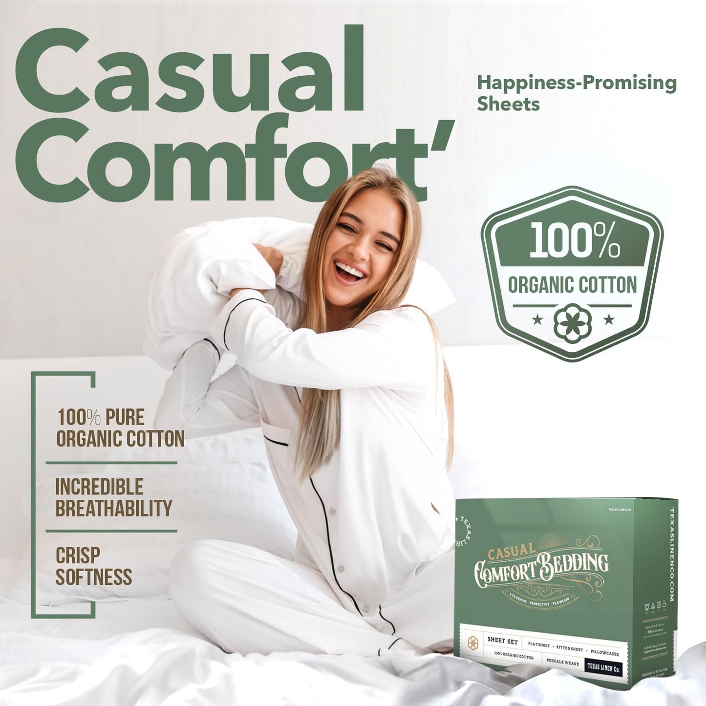 Texas Linen Co. Organic Cotton Percale Sheets - King Size 4-Piece Set | Soft, Crisp & Cooling, GOTS Certified