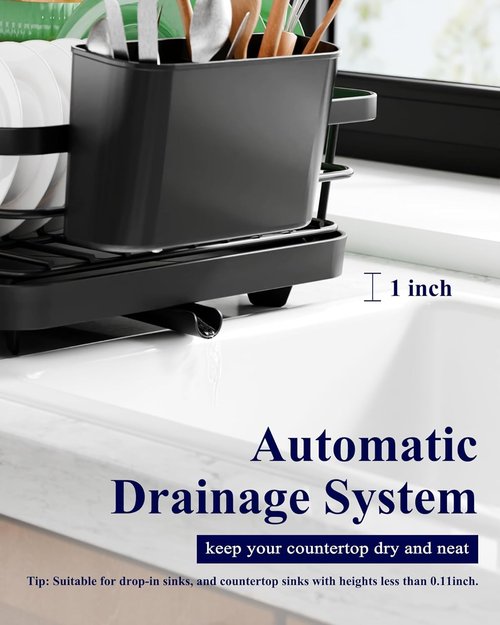 Kitsure Dish Drying Rack - Compact & Adjustable Rust-Proof Kitchen Rack with Utensil Holder | 14.5" x 12" x 4", Black