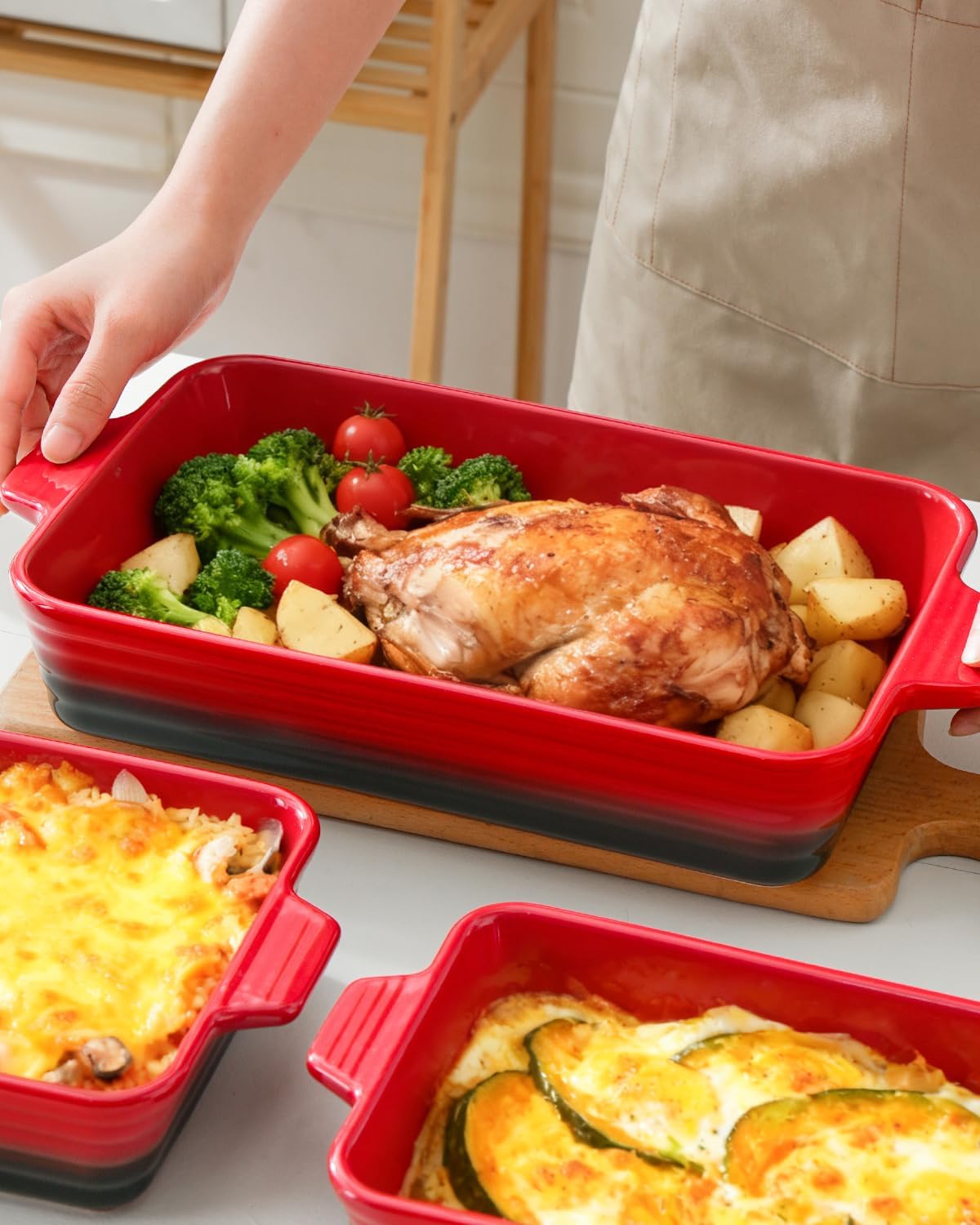 Skiennix Casserole Dishes - Heat-Resistant Ceramic Bakeware Set of 4 | Ideal for Lasagna, Cake & More (Red, 9.4"-14.7")