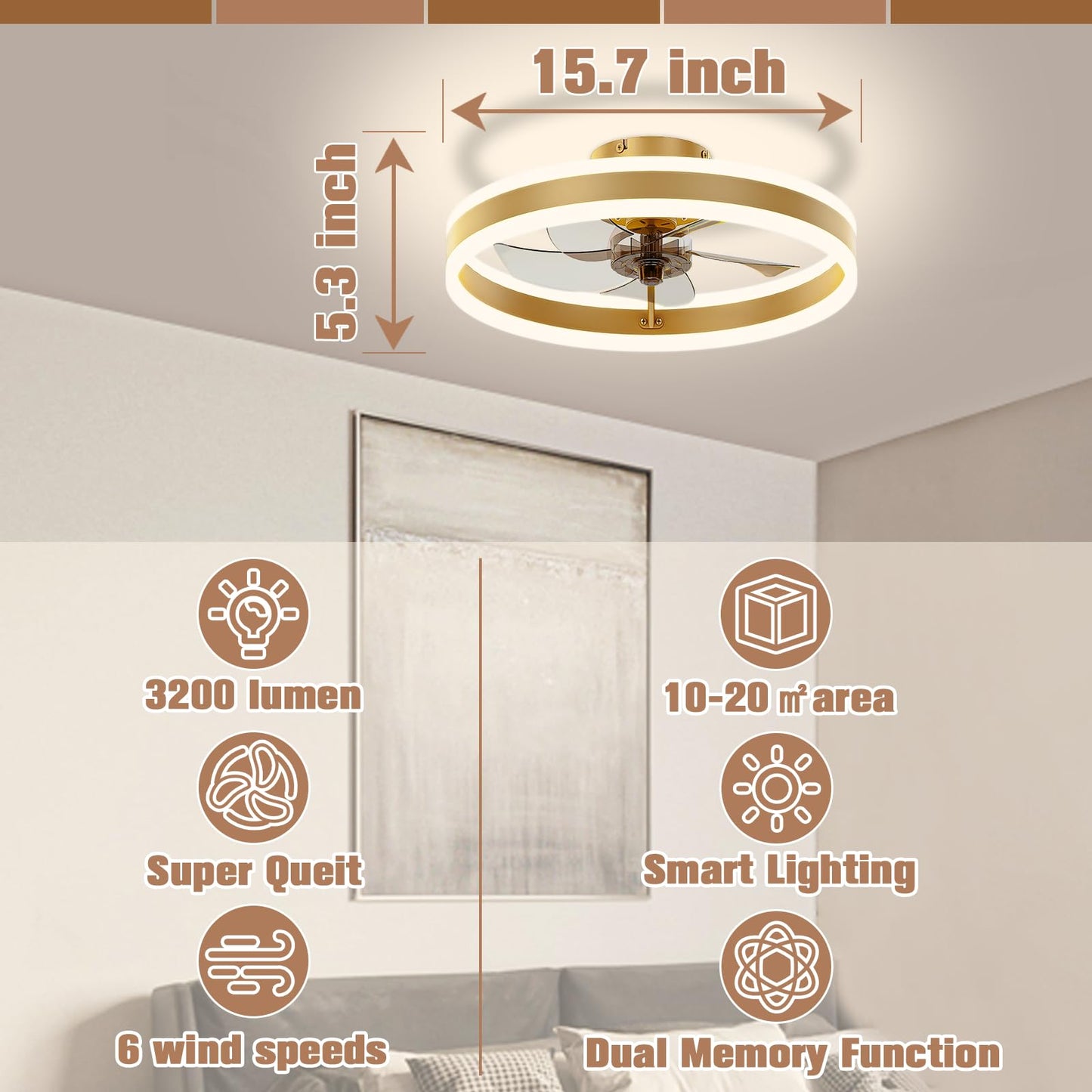 VOLISUN Fandelier Ceiling Fans with Lights and Remote, 15.7in Low Profile Ceiling Fan Flush Mount, 3000K-6500K Dimmable Bladeless Ceiling Fan with Light, Gold Ceiling Fans with Lights for Bedroom