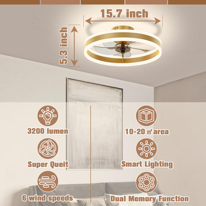 VOLISUN Fandelier Ceiling Fans with Lights and Remote, 15.7in Low Profile Ceiling Fan Flush Mount, 3000K-6500K Dimmable Bladeless Ceiling Fan with Light, Gold Ceiling Fans with Lights for Bedroom