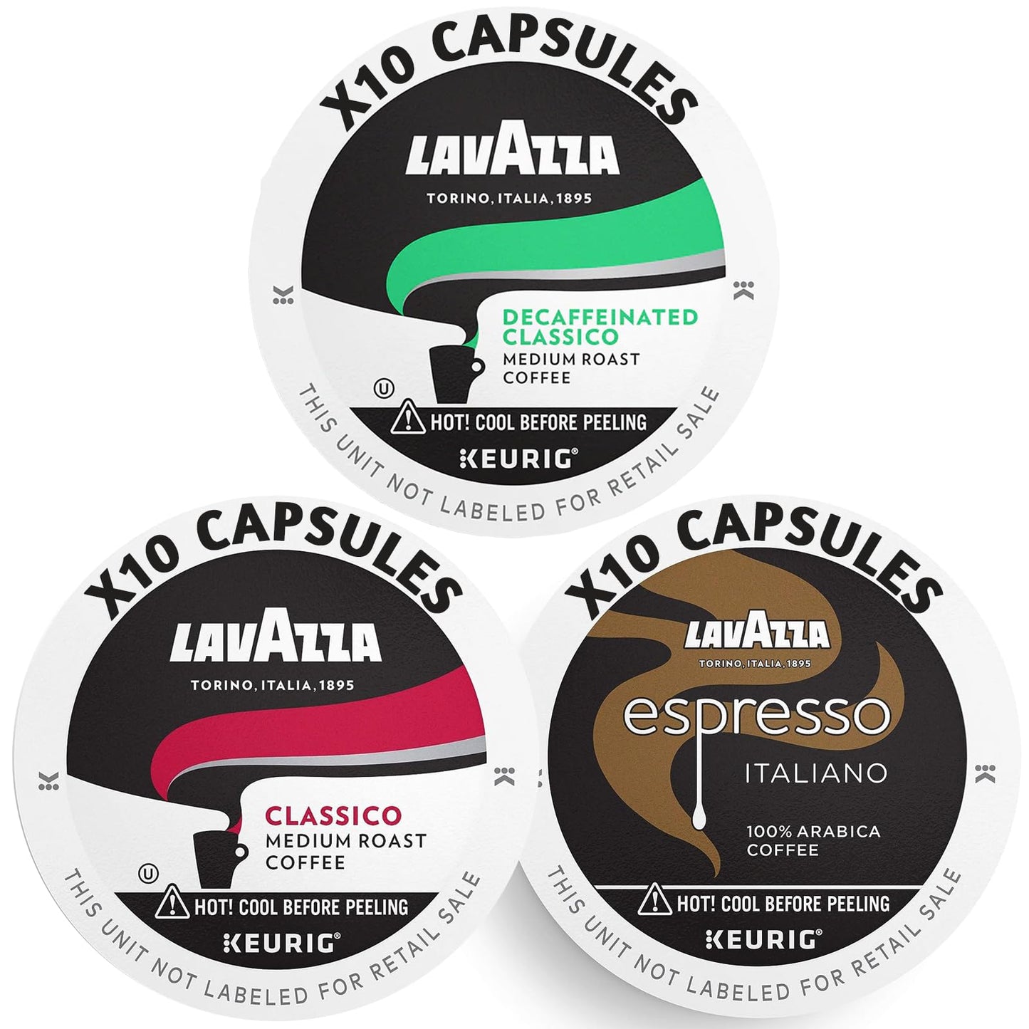 Lavazza K-Cups Mix 30 Pods - Espresso Italiano, Classico, Decaf, 10ea Espresso Cups Arabica, Compatible Keurig Brewers, Single Serve Coffee Machines, Light, Medium, Dark Roast, Kcups Coffee Caps