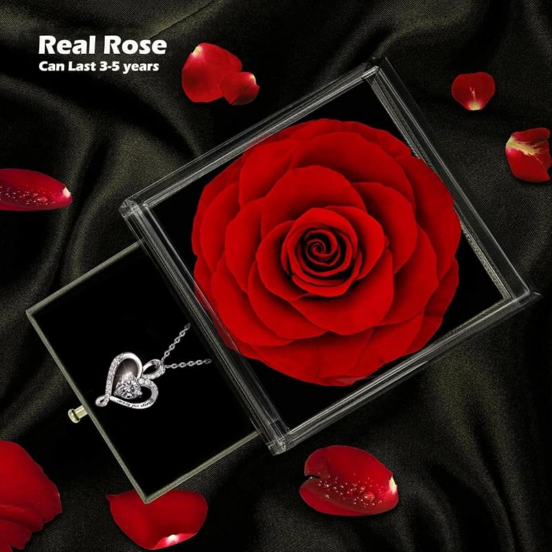 Forever Red Preserved Rose Gift Box with Necklace – Eternal Real Rose for Girlfriend, Wife, Mom